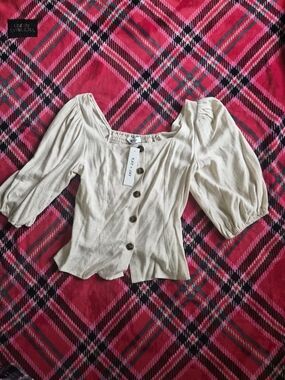 Cream Puff-Sleeve Button-Front Blouse